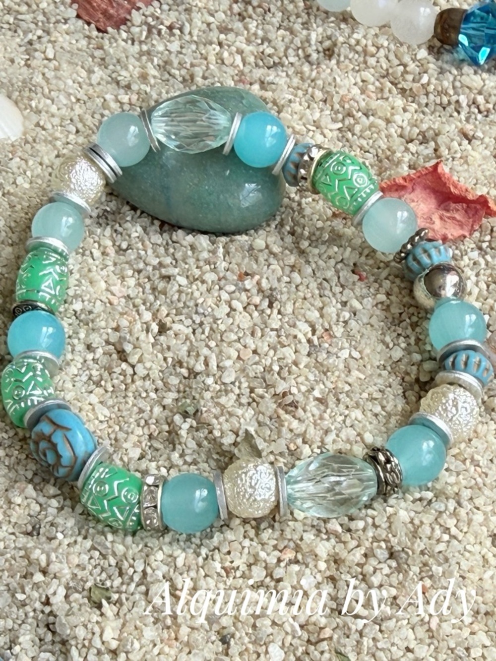 Topaz UNTREATED + Aqua & Green Mixed Bead Stretch Bracelet